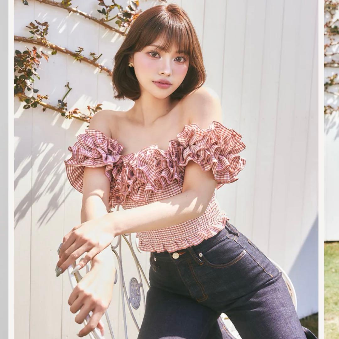 【新品タグ付き 】ダーリッチ ギンガムチェックオフショルトップス レッド