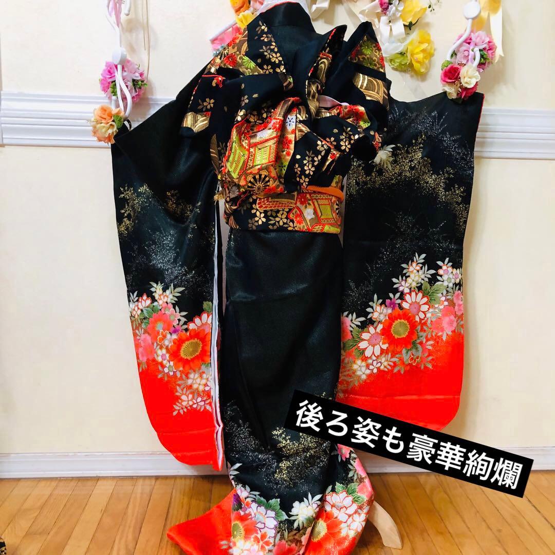 七五三七歳❣️豪華黒地ラメ花々金彩⭐︎正絹全通袋帯刺繍煌びやか⭐︎完全フルセット