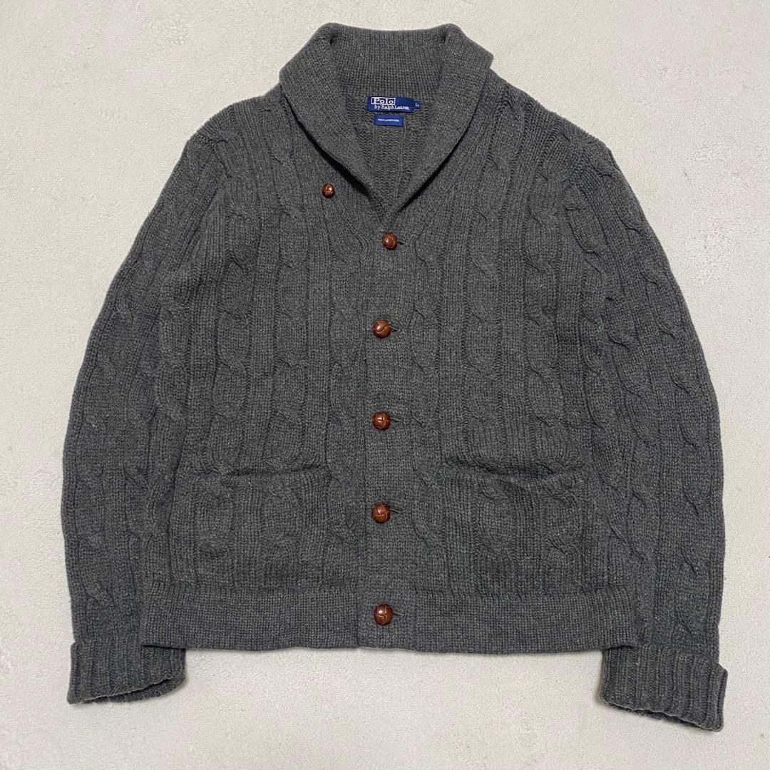 ポロラルフローレン　ケーブルニット　ショールカラー　くるみボタン　グレー