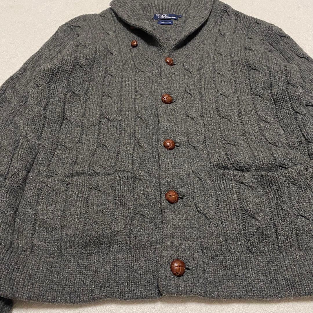 ポロラルフローレン　ケーブルニット　ショールカラー　くるみボタン　グレー
