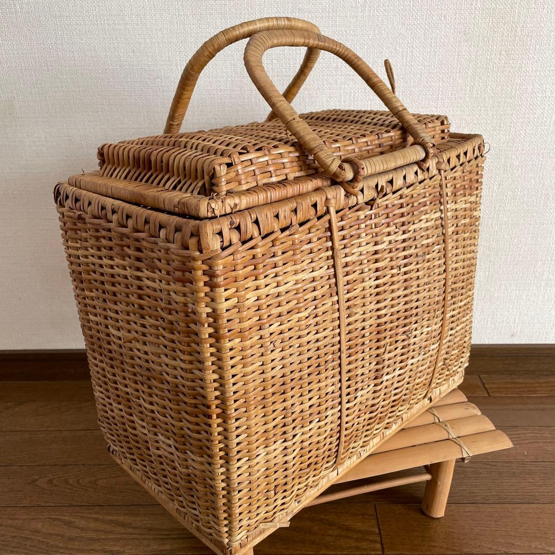 【希少】昭和レトロ ナチュラル色 蓋付き 大型 バスケット 竹製台付き