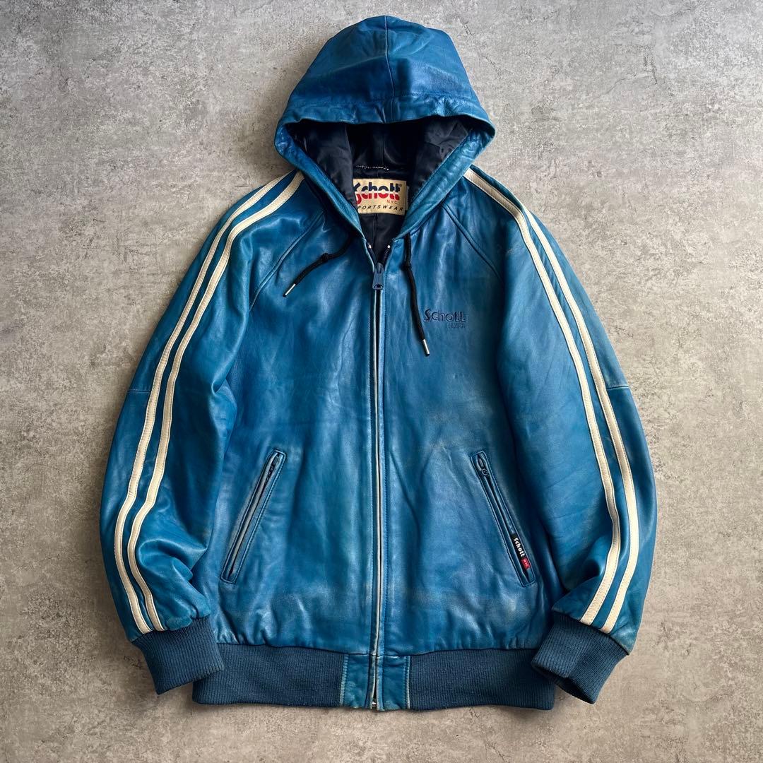 schott ショット【L】ラムレザー ジップパーカー レザージャケット ブルー