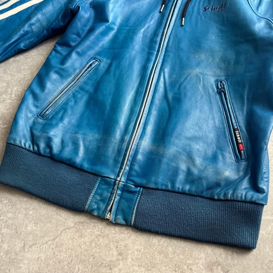schott ショット【L】ラムレザー ジップパーカー レザージャケット ブルー