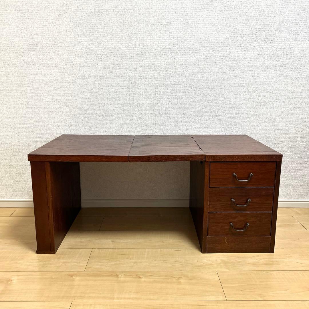 木製折りたたみ文机　和机　三段引き出し　古道具　古民具　アンティーク　昭和レトロ