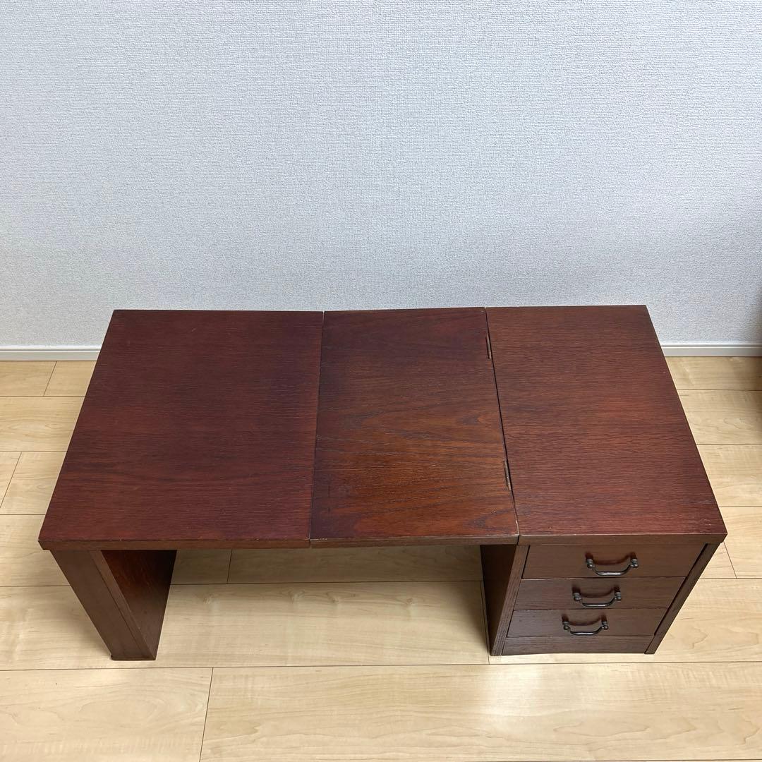 木製折りたたみ文机　和机　三段引き出し　古道具　古民具　アンティーク　昭和レトロ