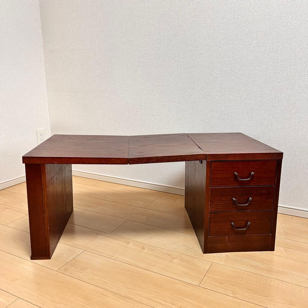 木製折りたたみ文机　和机　三段引き出し　古道具　古民具　アンティーク　昭和レトロ