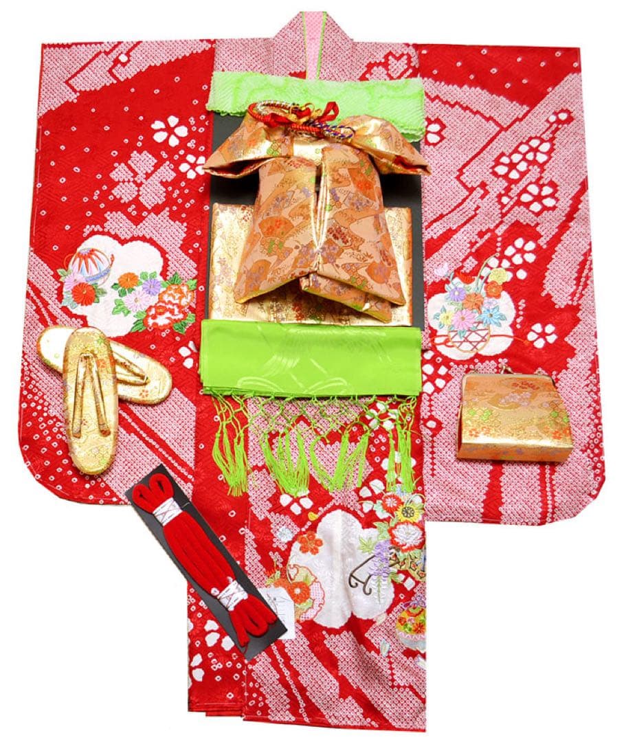 1点限り　七五三 着物 7歳 女の子 正絹着物フルセット　絞り柄　総刺繍使い　赤