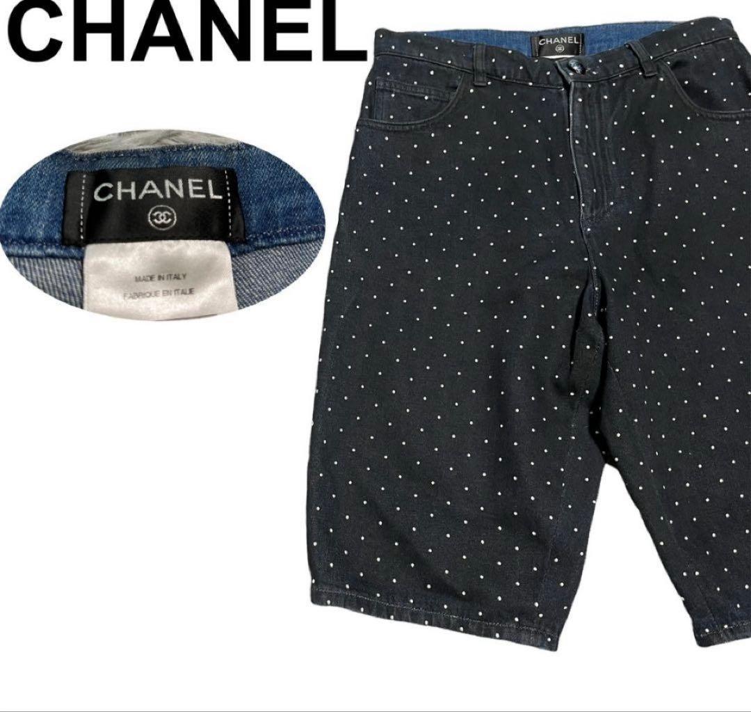 CHANEL ドット柄 ショートパンツ 黒 36 デニム生地