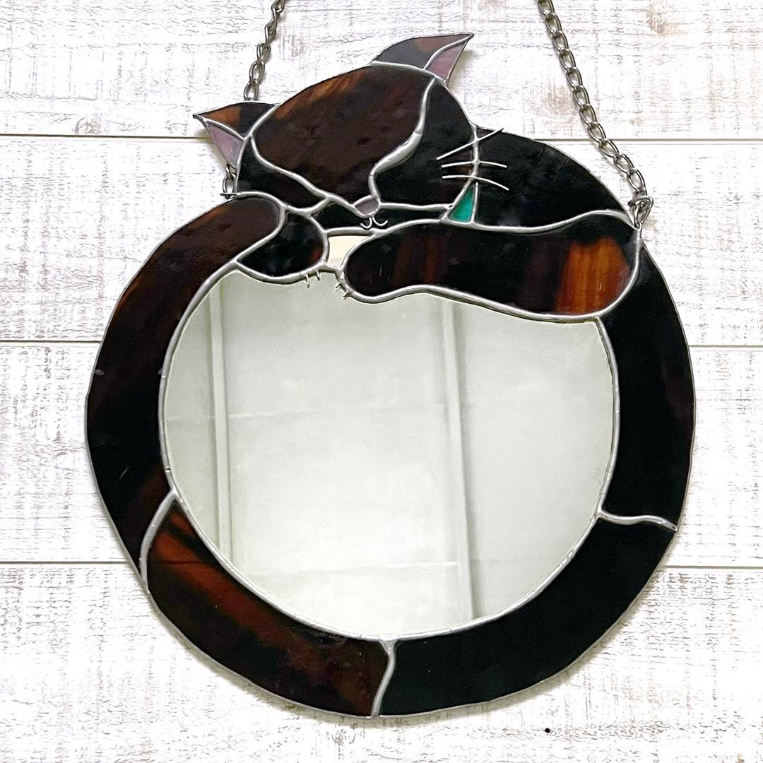 猫型の鏡：ステンドグラス・ミラー