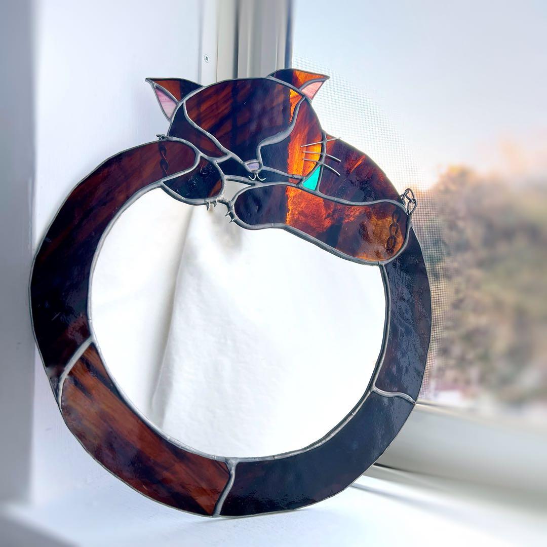 猫型の鏡：ステンドグラス・ミラー