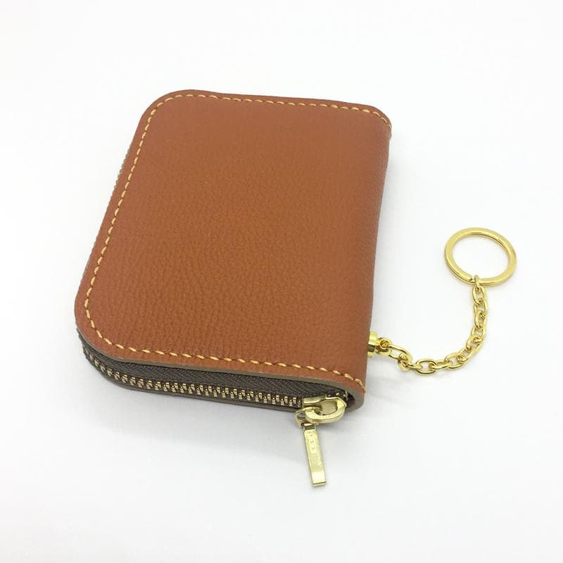 【本革】ミニウォレット ファスナー キャメル ストラップ付き ハンドメイド