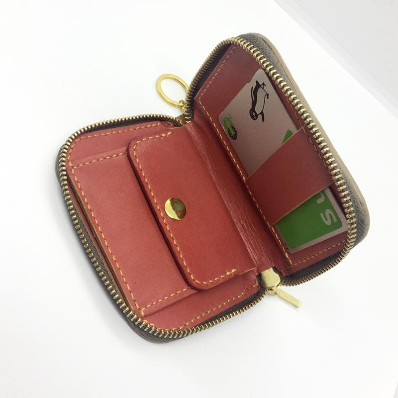【本革】ミニウォレット ファスナー キャメル ストラップ付き ハンドメイド