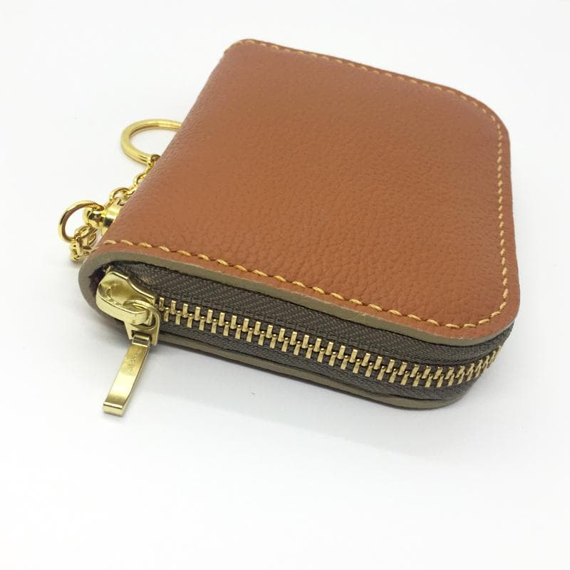 【本革】ミニウォレット ファスナー キャメル ストラップ付き ハンドメイド