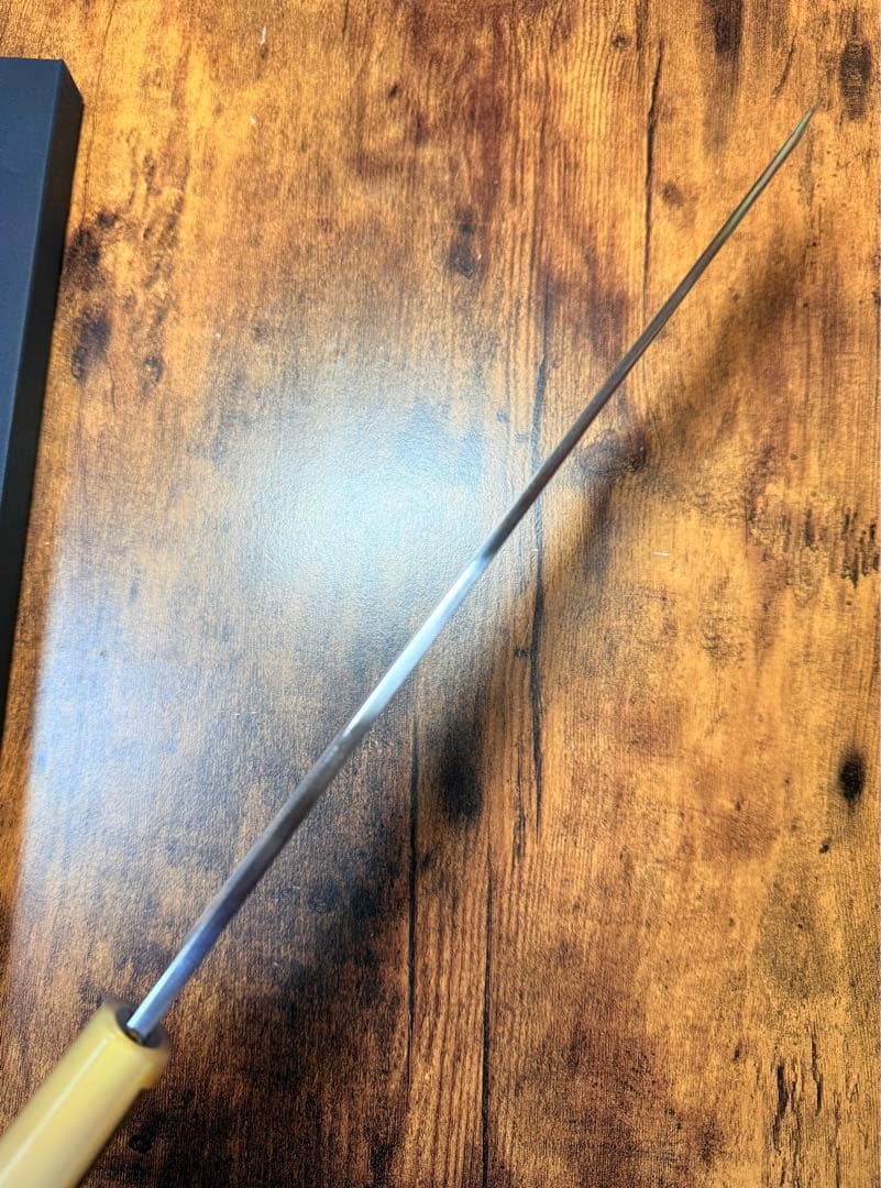 堺打刃物　森本光一作　刺身 切付　青ニ鋼 墨流し　尺　黒檀八角白水牛柄