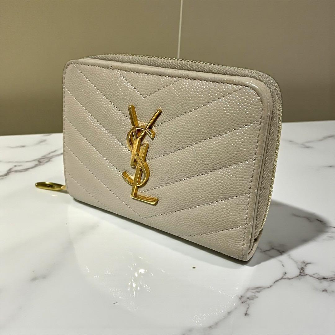 YSL サンローラン キャビアスキン コンパクト 二つ折り 財布 ベージュ 金