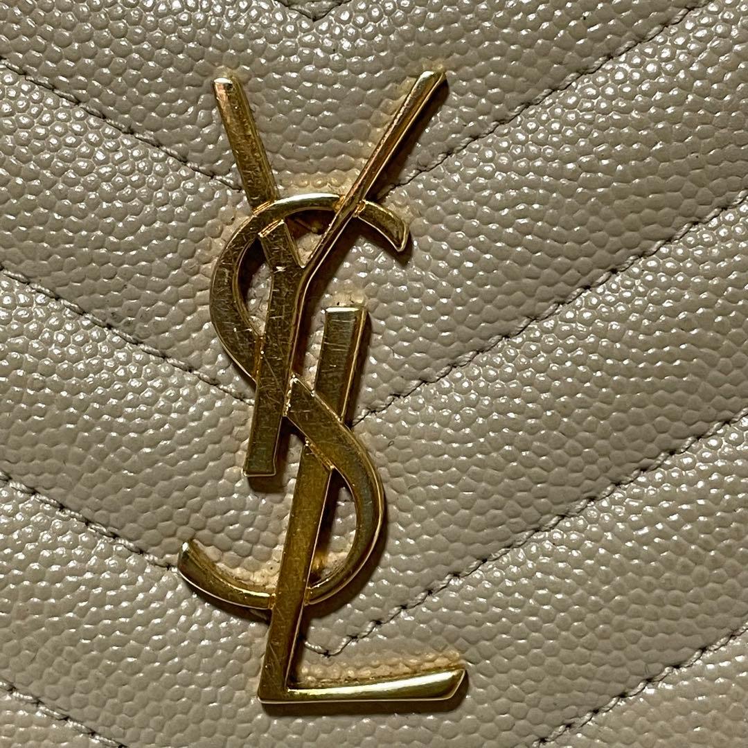 YSL サンローラン キャビアスキン コンパクト 二つ折り 財布 ベージュ 金