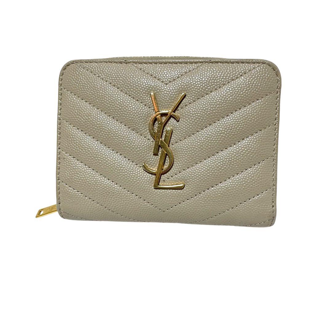 YSL サンローラン キャビアスキン コンパクト 二つ折り 財布 ベージュ 金