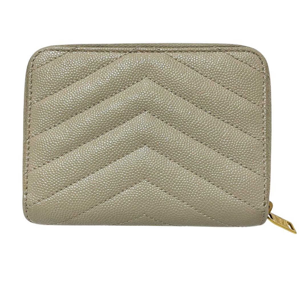 YSL サンローラン キャビアスキン コンパクト 二つ折り 財布 ベージュ 金