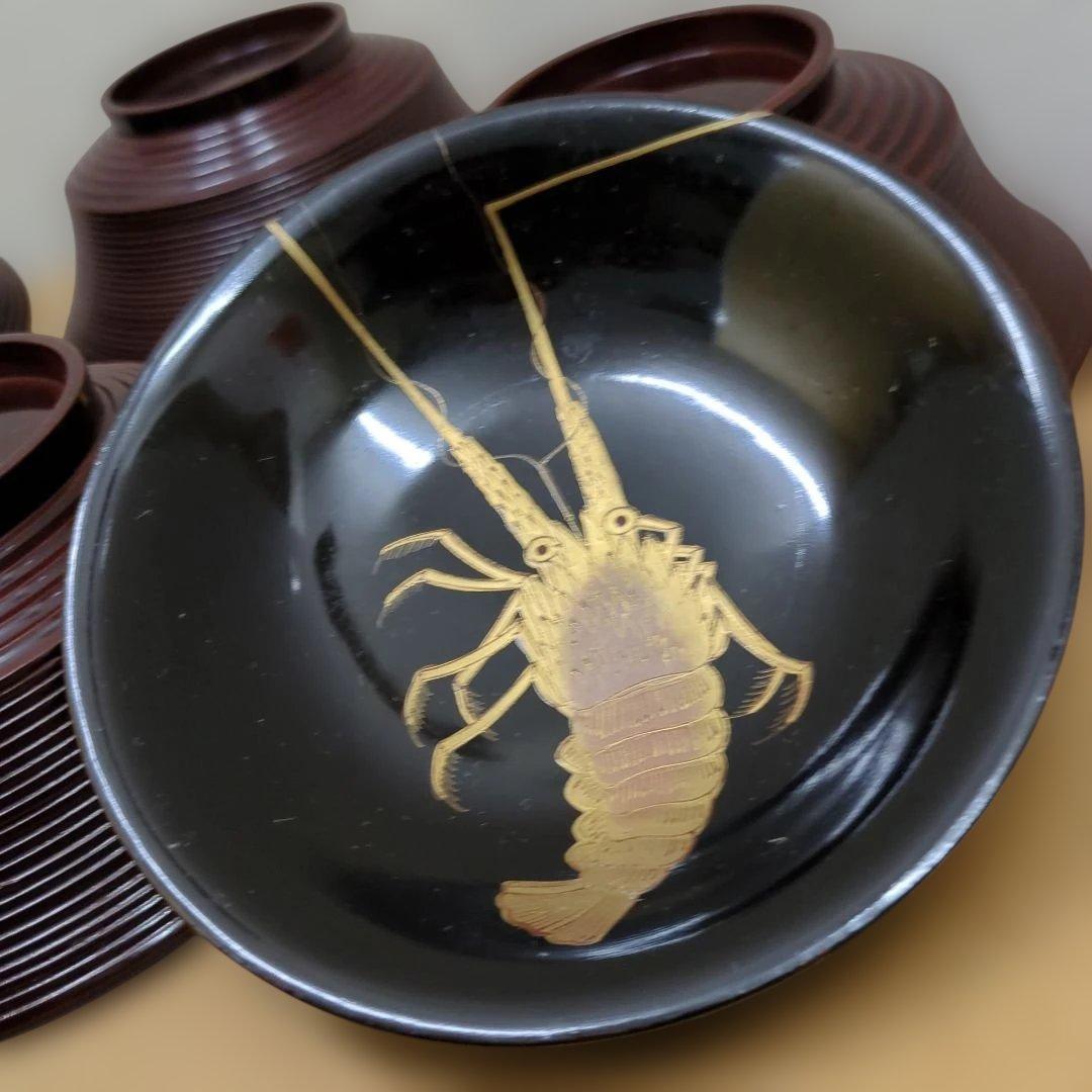 骨董　蓋付き椀　お椀　大振り　蒔絵　海老　若松　南天　木製　漆器　5つ〜
