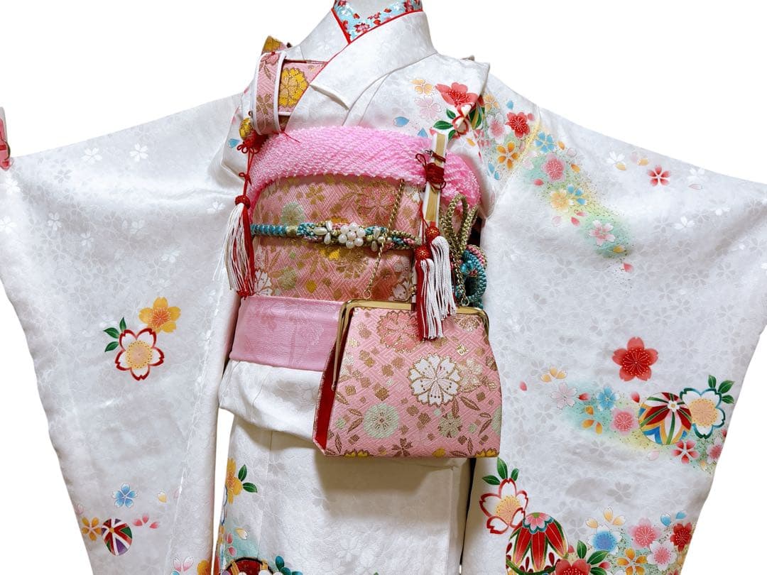 正絹セット♡七五三　7歳　女の子　フルセット　一式　白系　ピンク　パール付帯締め