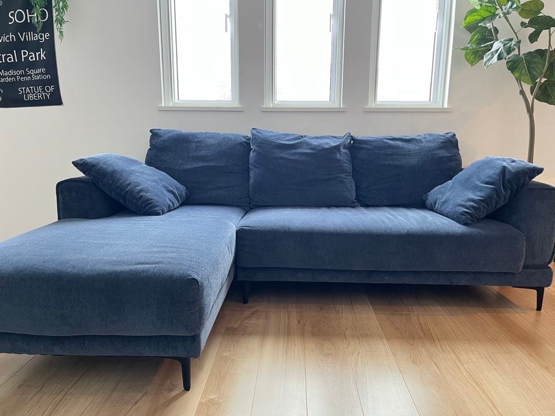 ダークブルー カウチソファ 3人掛け