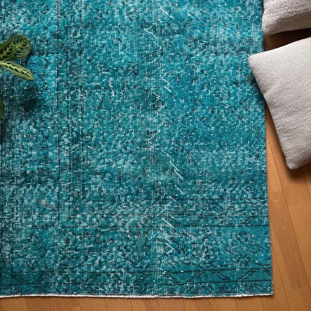 84×152ブルーグリーン　ボタニカルオーバーダイ　トルコヴィンテージラグ