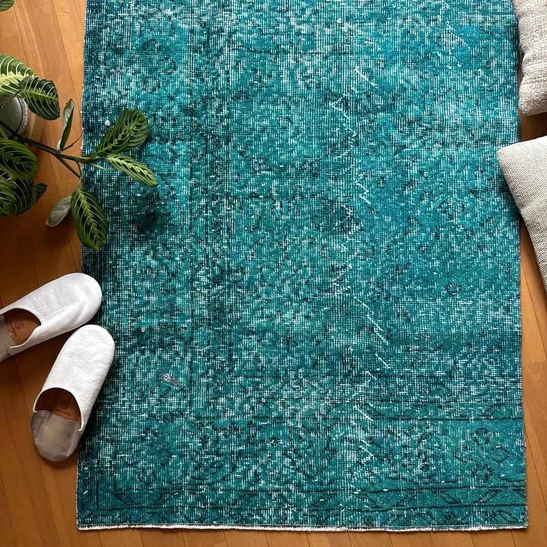 84×152ブルーグリーン　ボタニカルオーバーダイ　トルコヴィンテージラグ