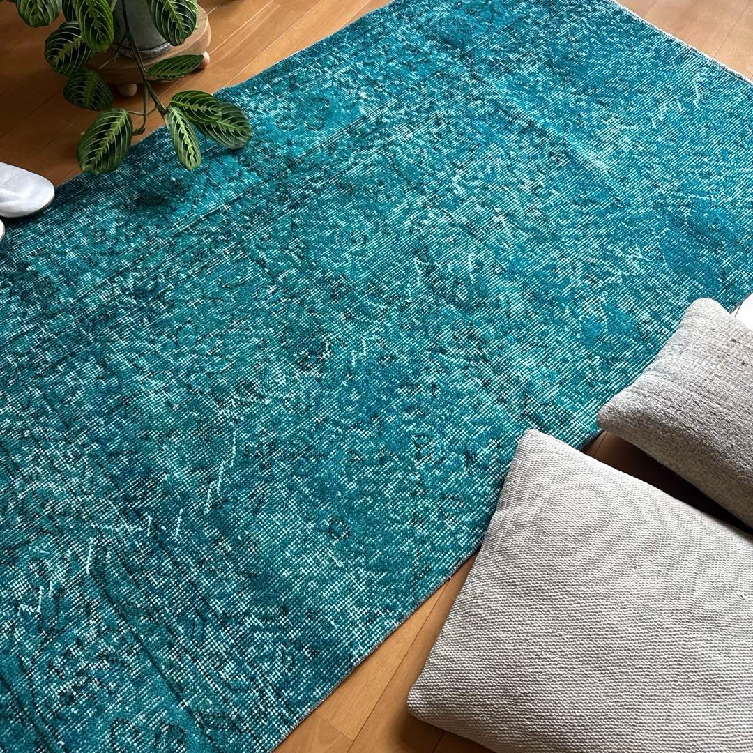 84×152ブルーグリーン　ボタニカルオーバーダイ　トルコヴィンテージラグ