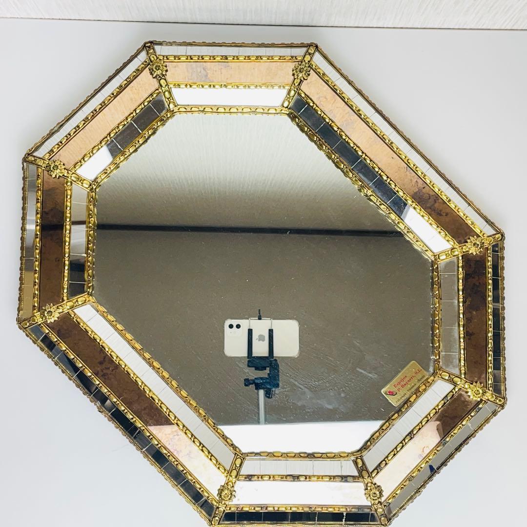 スペイン製 アンティーク 八角形 鏡 ミラー 金属枠 壁掛け ヴィンテージ 装飾