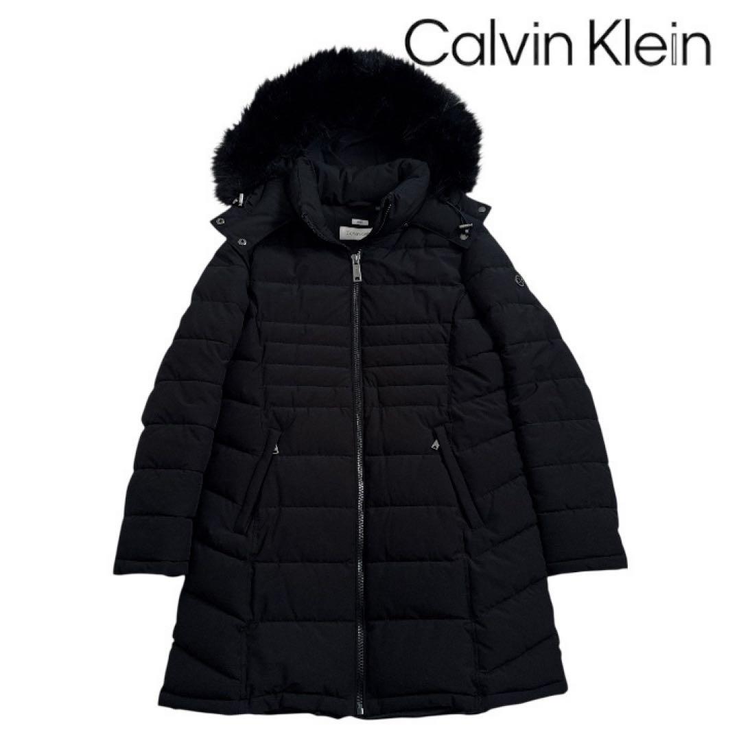 極美品 カルバンクライン 中綿 ロングコート 黒 L ファー付 ロゴプレート