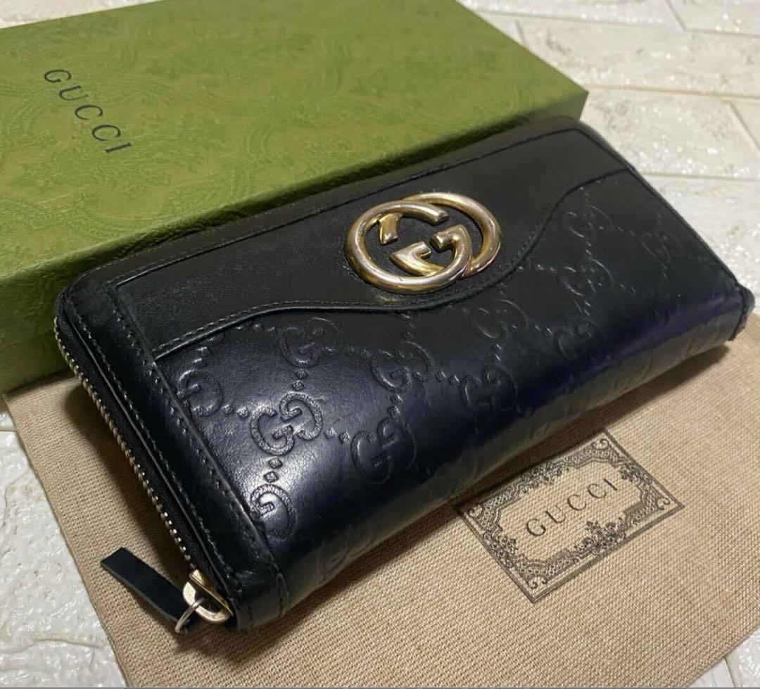 GUCCI グッチ ラウンドファスナー 長財布 インターロッキング ブラック