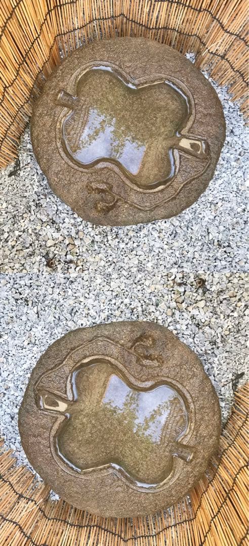 【天然自然石・天下泰平軍配型水鉢・蹲・福徳水鉢・オブジェ】庭石箱庭バードバス苔玉