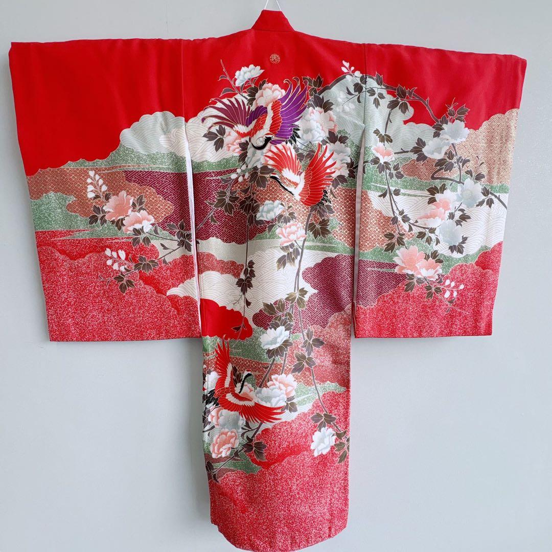 お宮参り　０歳　赤ちゃん　初着産着　女の子　赤地金プリント鶴　長襦袢付　7273