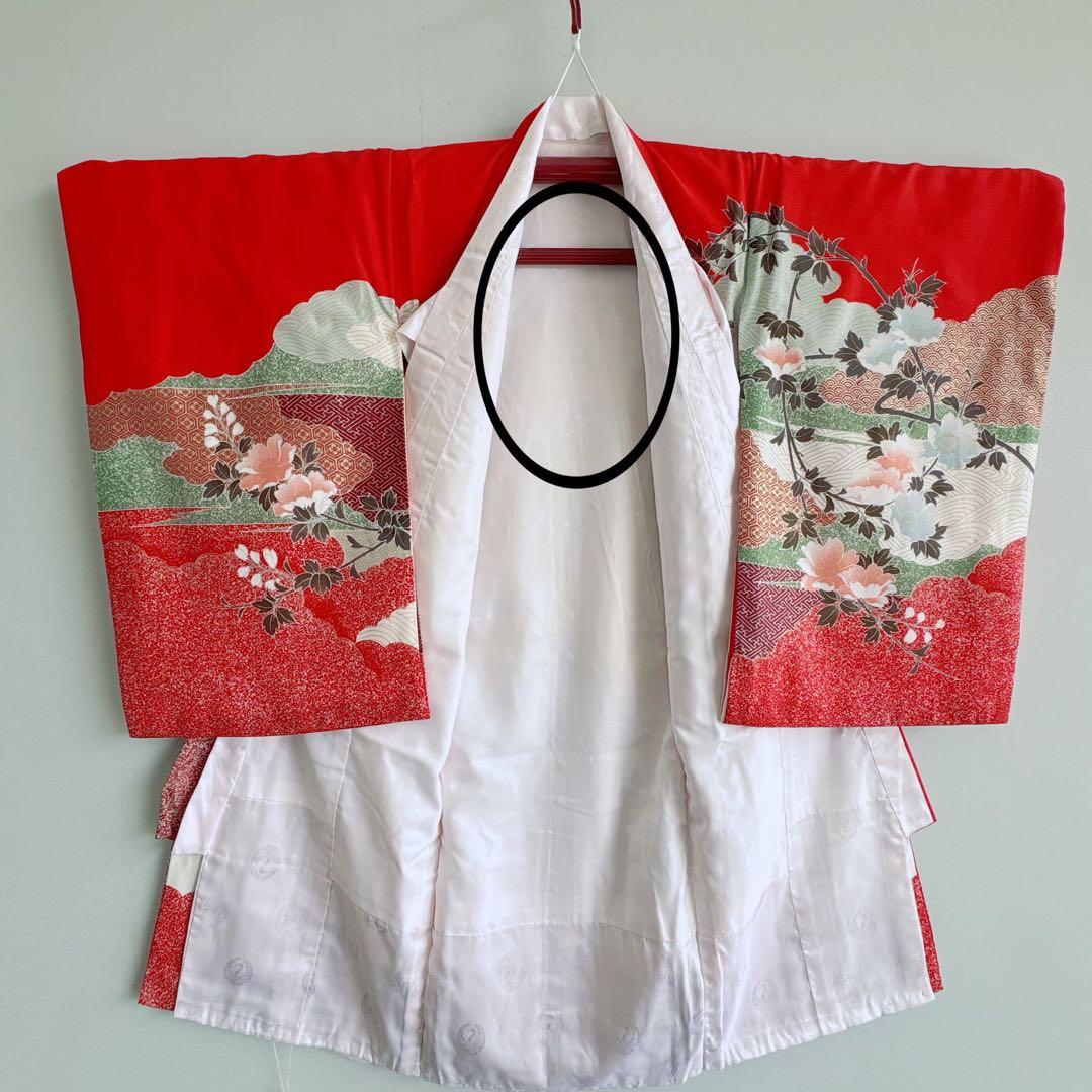 お宮参り　０歳　赤ちゃん　初着産着　女の子　赤地金プリント鶴　長襦袢付　7273