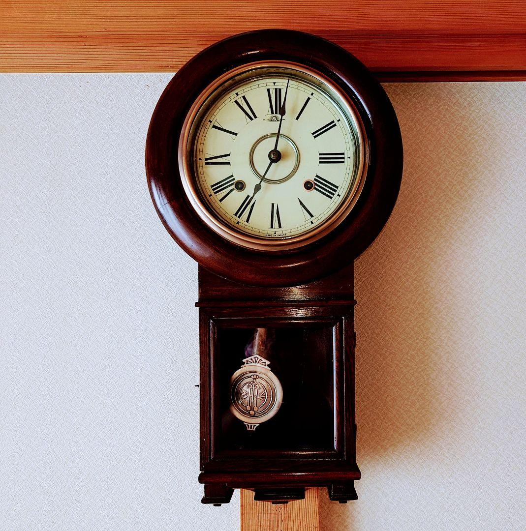 〈OH済完動・極美品〉今津菊次郎時計日の出馬印　剣丸形ゼンマイ振り子時計　古時計