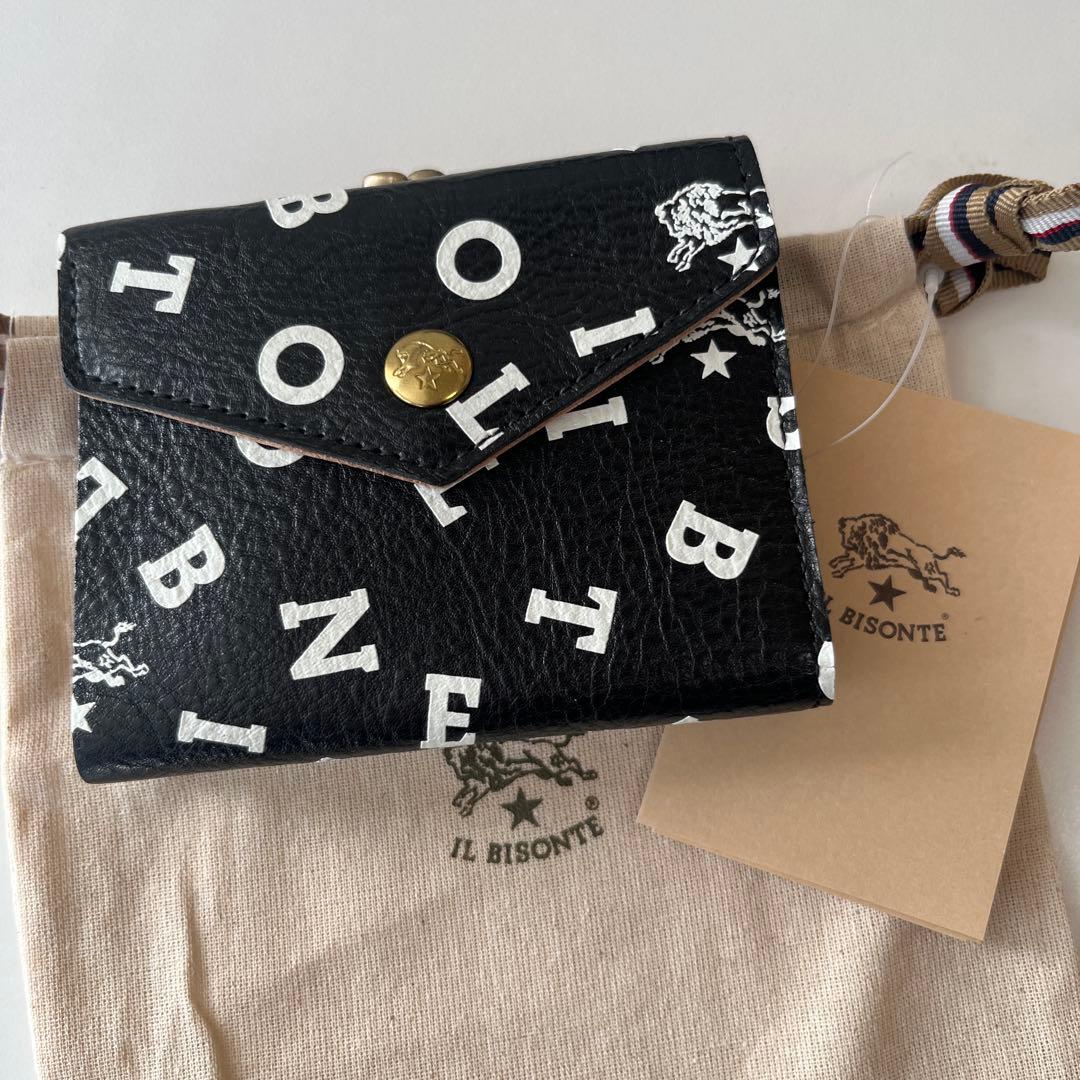 新品　イルビゾンテ　二つ折り財布　レザー　ブラックxホワイト　ロゴ　がま口　牛革