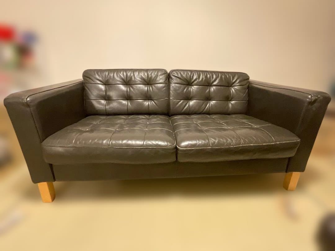 中古 IKEA 本革ダークブラウン レザー 2人掛けソファ(オットマン併売)