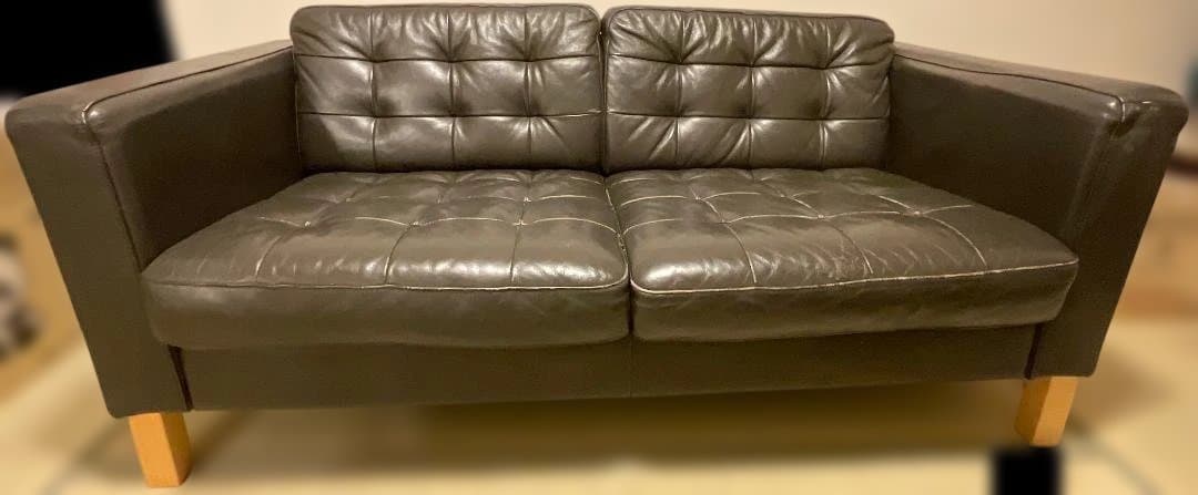 中古 IKEA 本革ダークブラウン レザー 2人掛けソファ(オットマン併売)