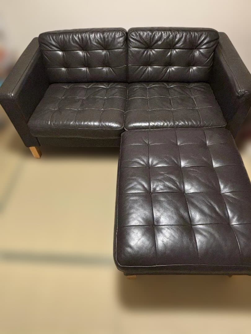 中古 IKEA 本革ダークブラウン レザー 2人掛けソファ(オットマン併売)