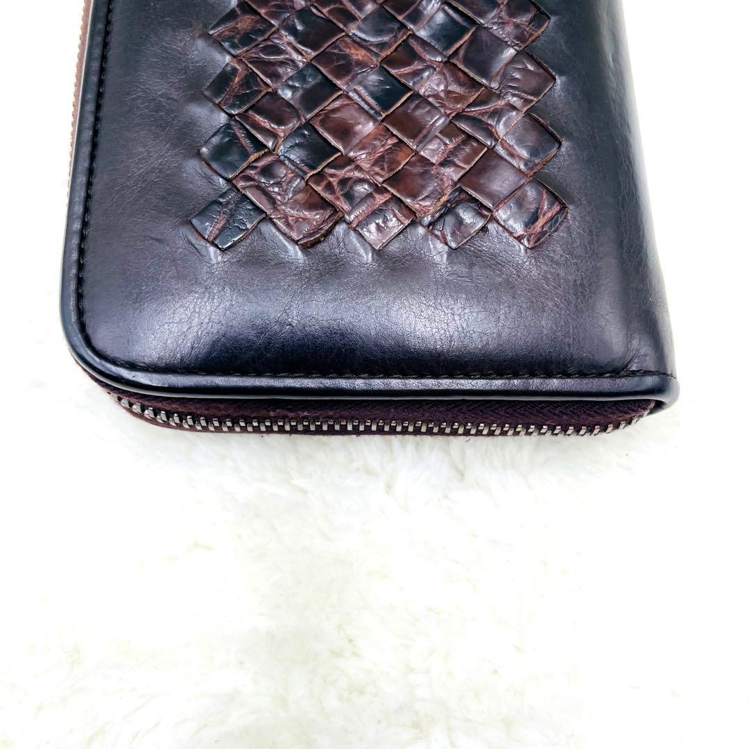 美品 希少 ボッテガヴェネタ 長財布 クロコダイル イントレチャート ブラウン