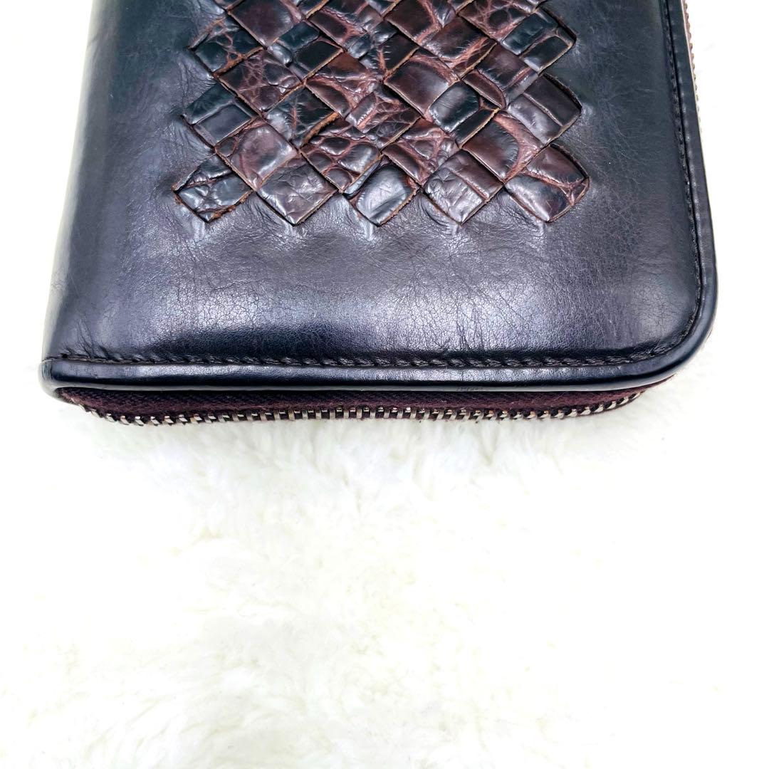 美品 希少 ボッテガヴェネタ 長財布 クロコダイル イントレチャート ブラウン