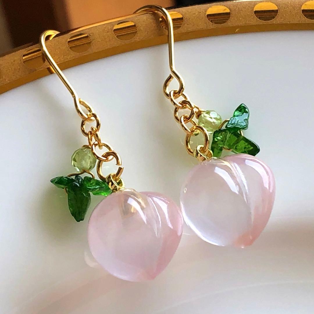天然石♡もものピアス14kgf