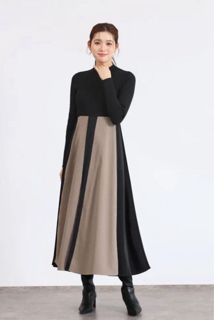 FENNEL配色ニットドッキングワンピース/モカ✖️ブラック