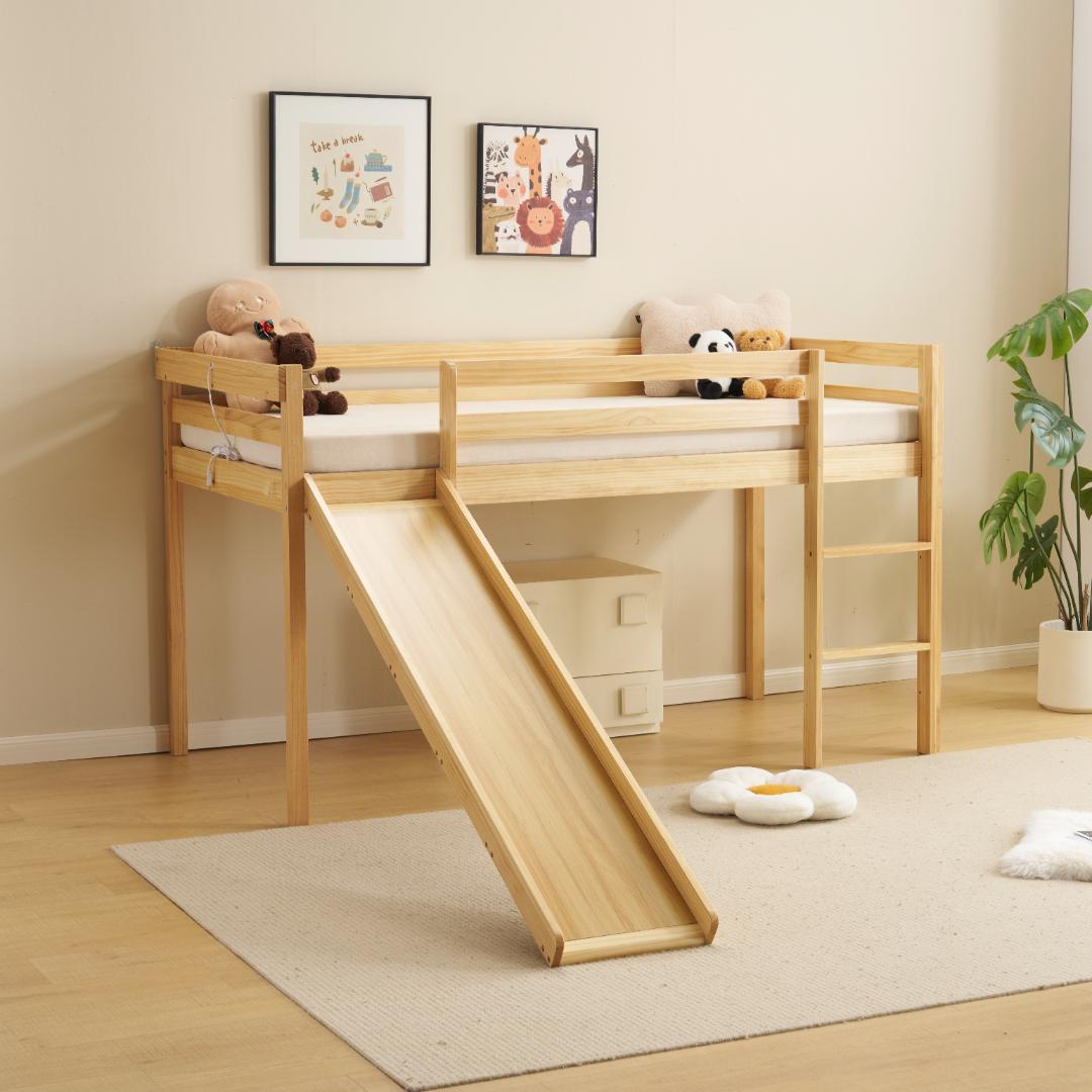 ロフトベッド ロータイプ 天然木 滑り台付 コンセント付 シングル 宮付き 子供