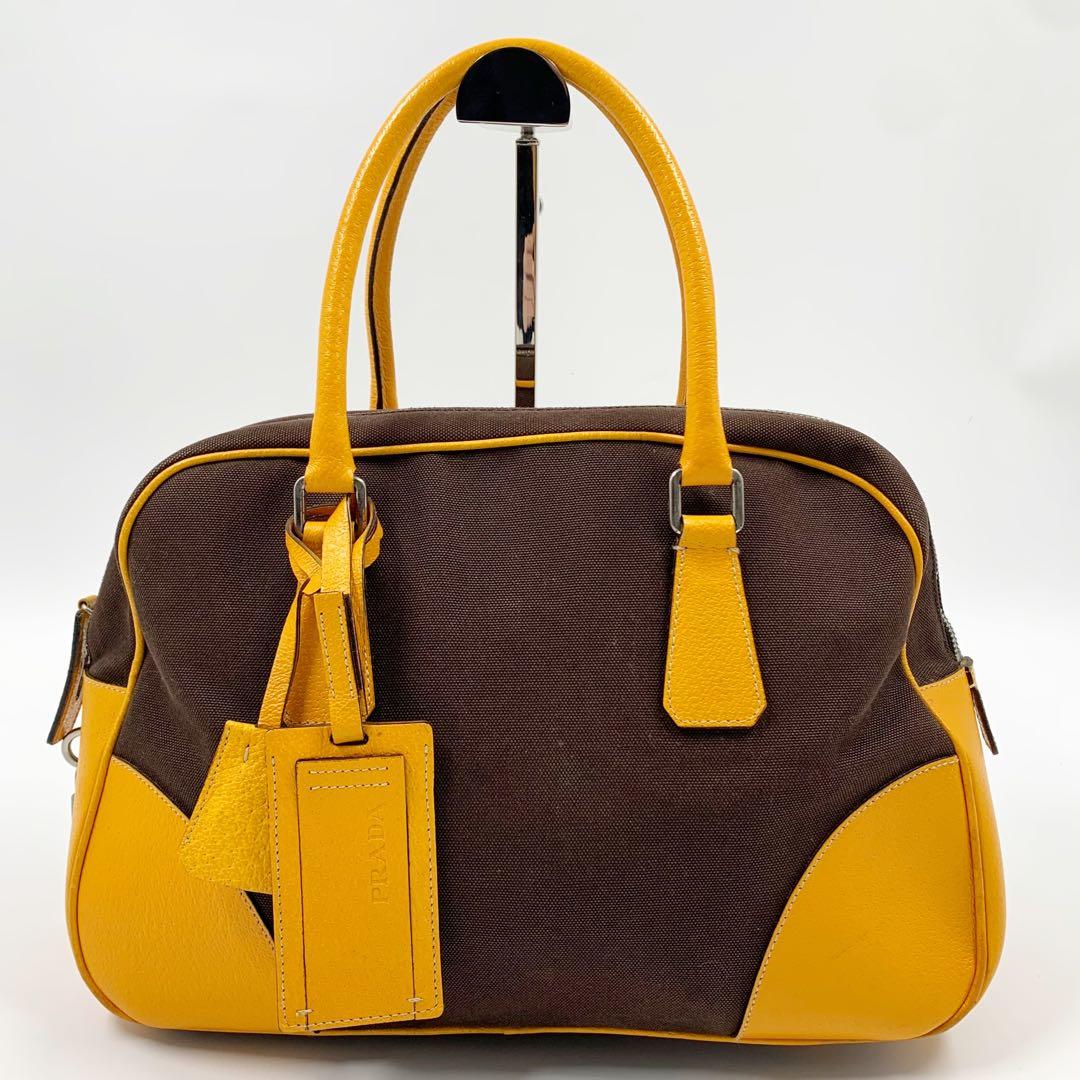 【✨美品✨】プラダ ミニボストンバッグ 三角ロゴ レザー ブラウン イエロー