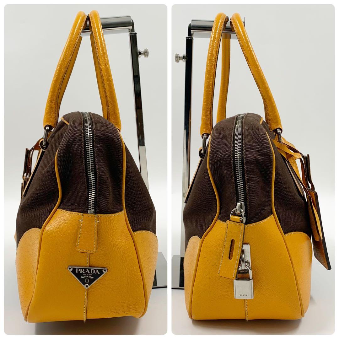 【✨美品✨】プラダ ミニボストンバッグ 三角ロゴ レザー ブラウン イエロー