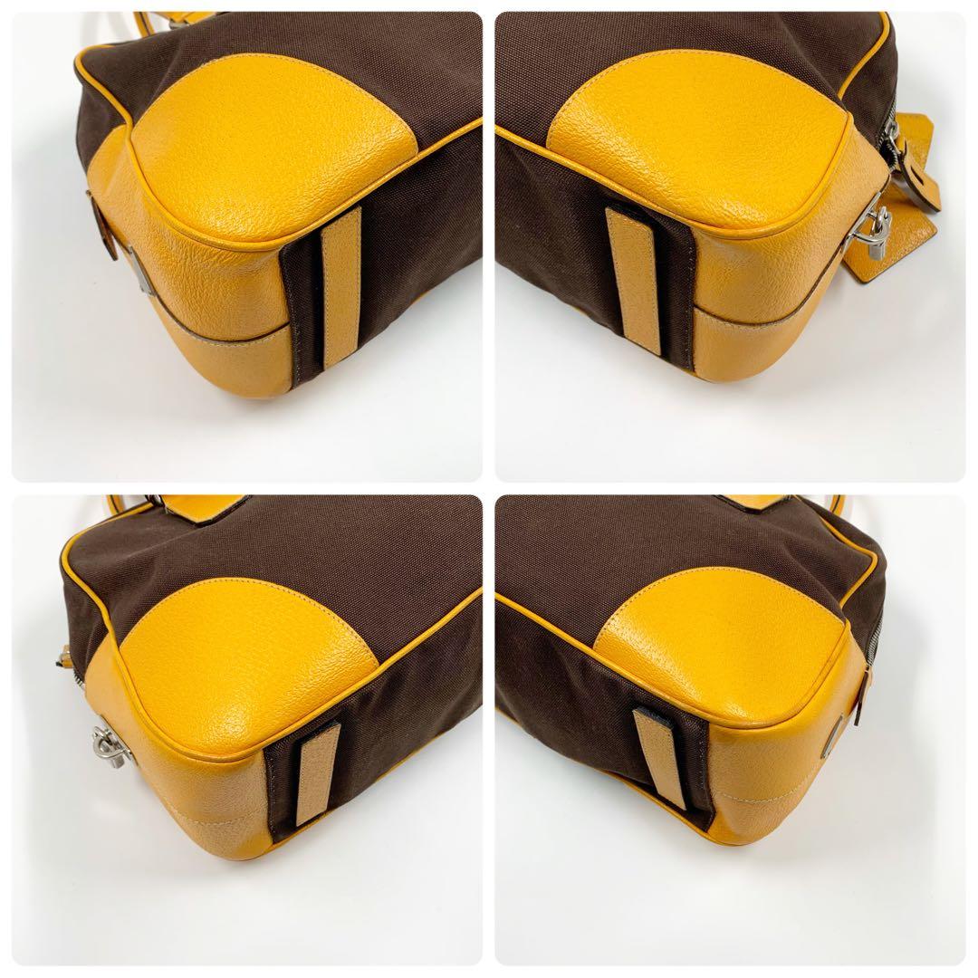 【✨美品✨】プラダ ミニボストンバッグ 三角ロゴ レザー ブラウン イエロー