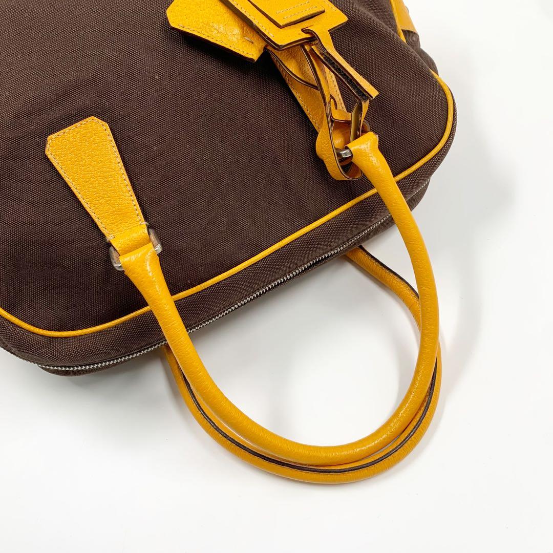 【✨美品✨】プラダ ミニボストンバッグ 三角ロゴ レザー ブラウン イエロー