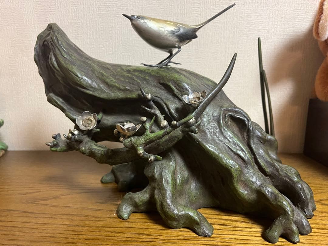 明治期ヴィンテージ　株木秀明作品　オブジェ　金工芸品　梅にうぐいす　骨董品　置物