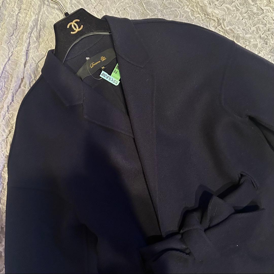 【美品Drawerドゥロワー38】ウールケヌキテーラードカラーコート紺色ネイビー